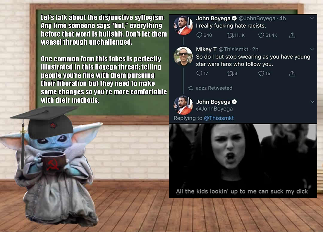 The meme features a cartoon character, Baby Yoda, wearing a graduation cap and holding a cup of coffee. The image is captioned with a quote about the importance of critical thinking and skepticism, specifically referencing the "Boog" subculture and the need to be cautious of misinformation. The text reads: "Don't let them gaslight you into thinking everything is okay, even when it's not."